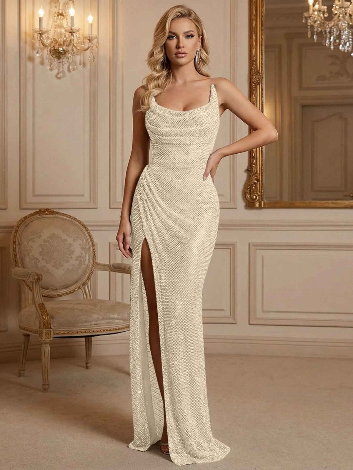 Silver Sequin Cowl Neck Ruched Long Prom Dress With High Slit
