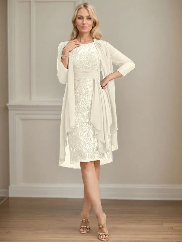 Etui/Säulenförmiges Kleid mit Illusion, knielang, aus Spitze und Chiffon, Brautmutterkleid mit herabfließenden Rüschen und Pailletten