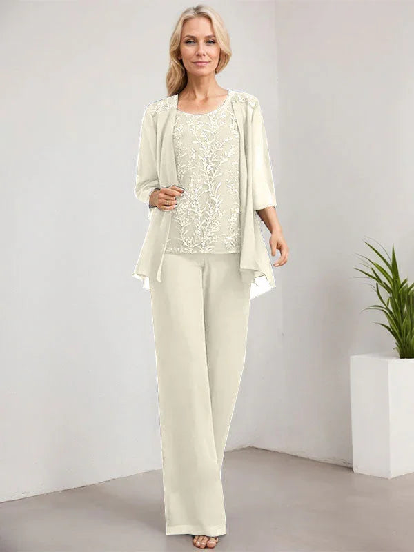 Mono/Pantalón Separado con Escote Redondo, Largo hasta el Suelo, de Encaje y Gasa, Vestido de Madre de la Novia con Lentejuelas