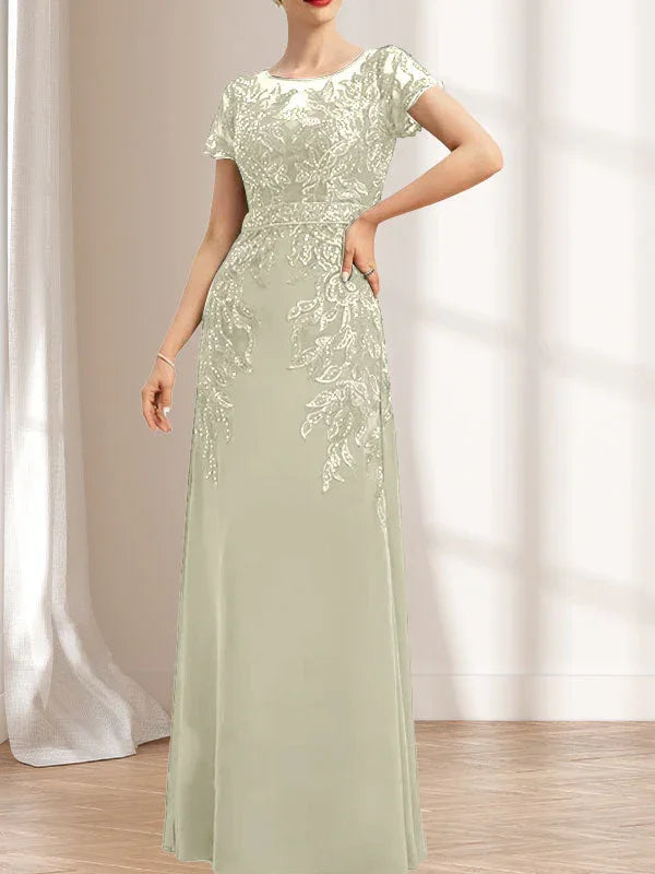 Vestido de madrina de novia con ilusión, corte columna y fajín, largo hasta el suelo, de encaje y gasa con lentejuelas