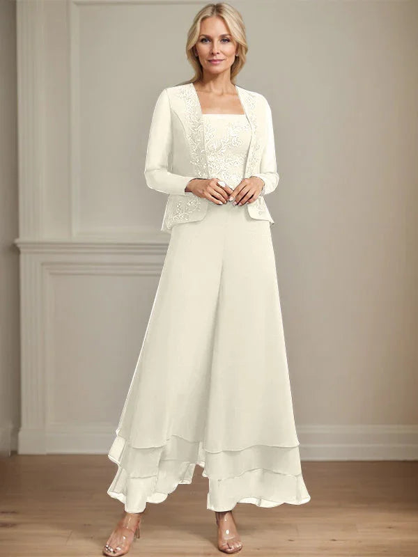 Getrennter Overall/Hosenanzug mit quadratischem Ausschnitt, knöchellang, aus Spitzenchiffon, Brautmutterkleid mit Pailletten