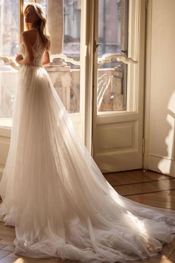 Ivory A Line Wedding Dress V Neck Wide Straps 3D Beaded Bodice Cathedral Train