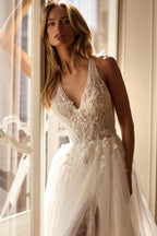 Ivory A Line Wedding Dress V Neck Wide Straps 3D Beaded Bodice Cathedral Train