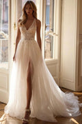Ivory A Line Wedding Dress V Neck Wide Straps 3D Beaded Bodice Cathedral Train