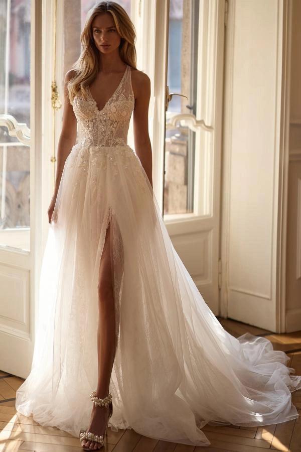 Ivory A Line Wedding Dress V Neck Wide Straps 3D Beaded Bodice Cathedral Train