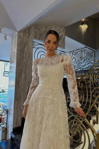 Ivory A Line Wedding Dress Victorian High Neck Pearl Button Allover Lace Sleeves