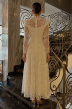 Ivory A Line Wedding Dress Victorian High Neck Pearl Button Allover Lace Sleeves