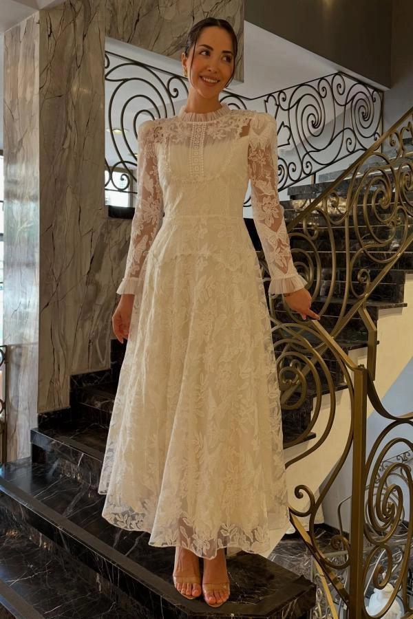 Ivory A Line Wedding Dress Victorian High Neck Pearl Button Allover Lace Sleeves