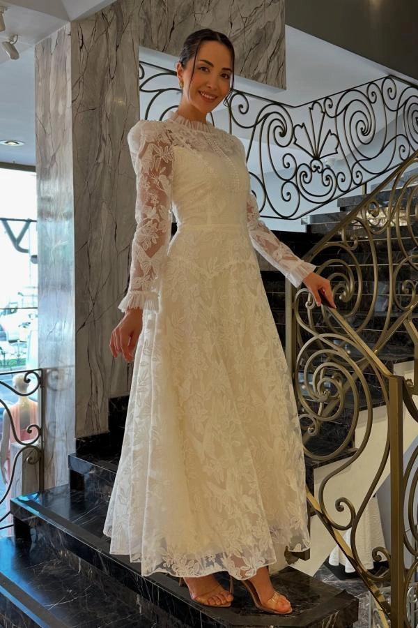 Ivory A Line Wedding Dress Victorian High Neck Pearl Button Allover Lace Sleeves