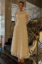 Ivory A Line Wedding Dress Victorian High Neck Pearl Button Allover Lace Sleeves