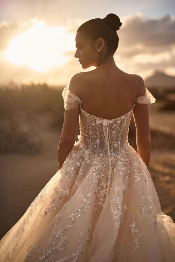 Ivory A Line Off Shoulder Wedding Dress With Sheer Boned Corset 3D Floral Tulle