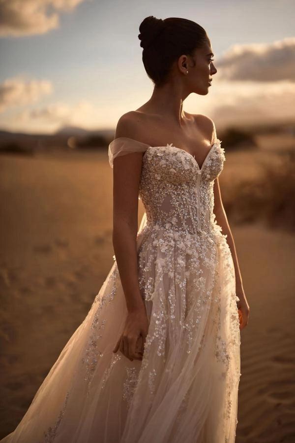 Ivory A Line Off Shoulder Wedding Dress With Sheer Boned Corset 3D Floral Tulle