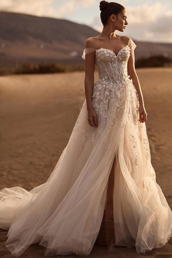 Ivory A Line Off Shoulder Wedding Dress With Sheer Boned Corset 3D Floral Tulle