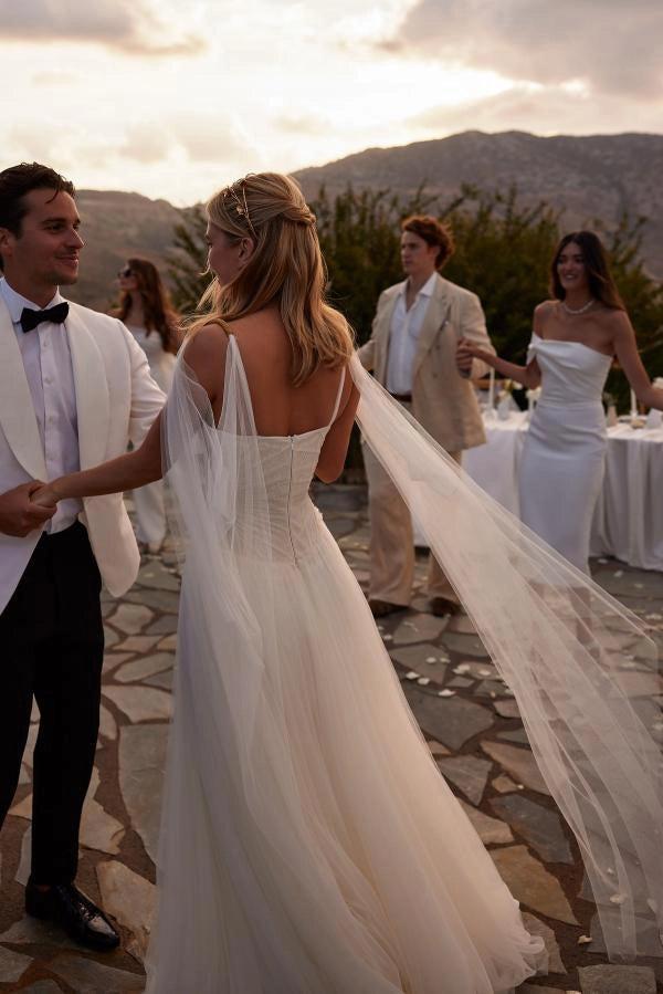 Ivory A Line Wedding Dress Sweetheart Flowing Tulle Cape Chapel Train Boho Gown