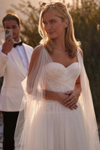 Ivory A Line Wedding Dress Sweetheart Flowing Tulle Cape Chapel Train Boho Gown