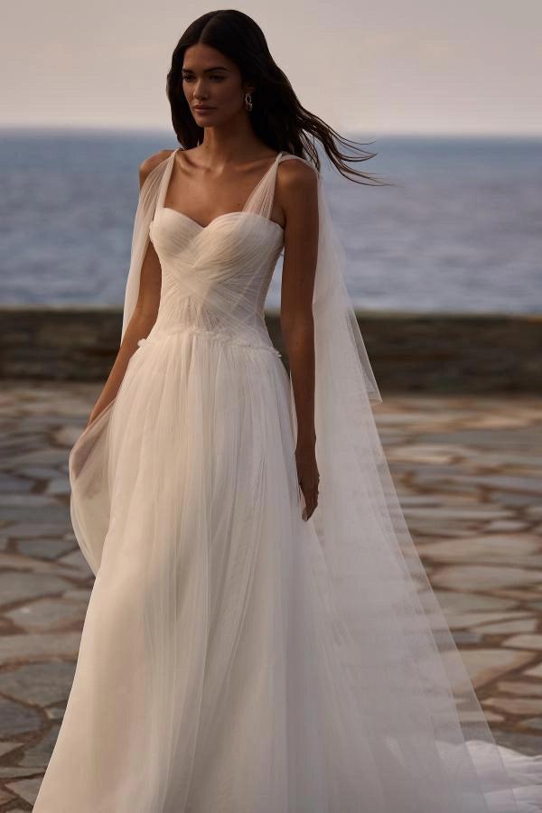 Ivory A Line Wedding Dress Sweetheart Flowing Tulle Cape Chapel Train Boho Gown