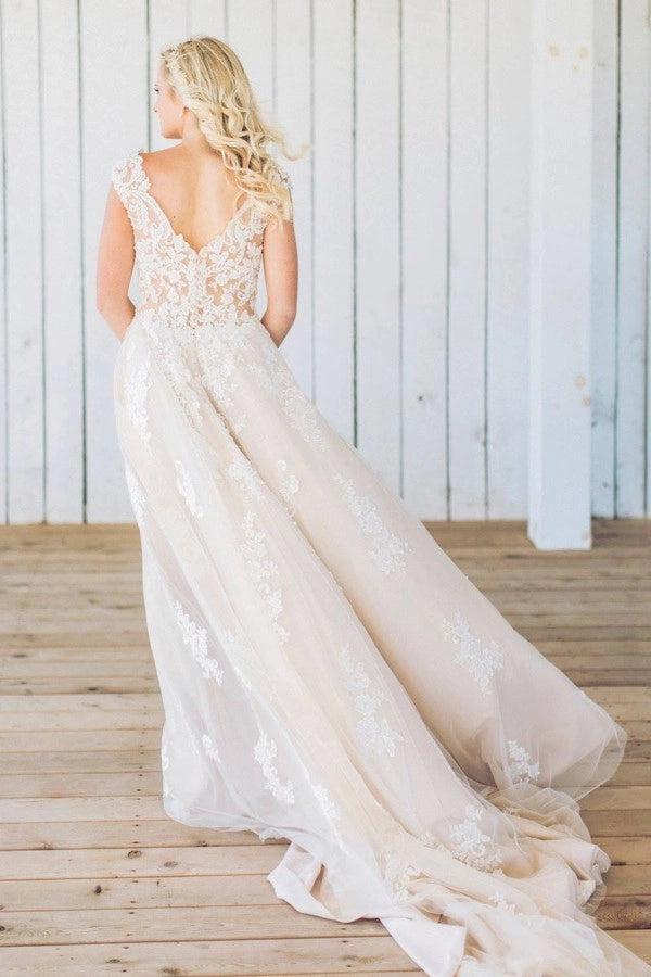 Ivory A Line Wedding Dress V Neck Sleeves Illusion Lace Bodice Deep V Back Tulle