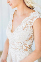 Ivory A Line Wedding Dress V Neck Sleeves Illusion Lace Bodice Deep V Back Tulle