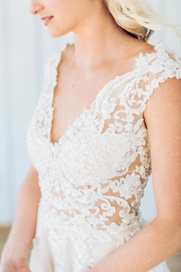 Ivory A Line Wedding Dress V Neck Sleeves Illusion Lace Bodice Deep V Back Tulle