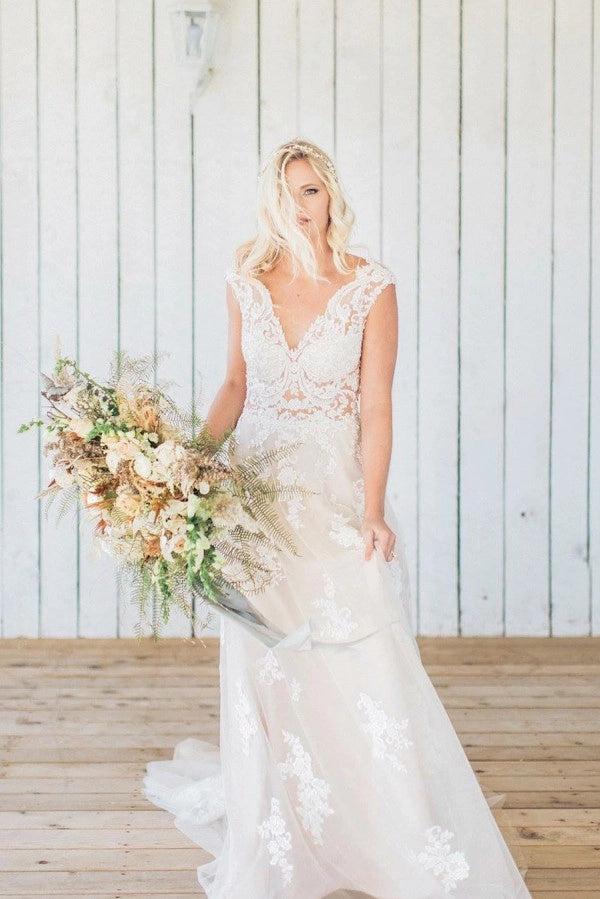 Ivory A Line Wedding Dress V Neck Sleeves Illusion Lace Bodice Deep V Back Tulle