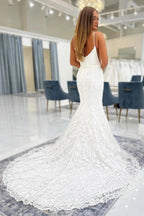 Ivory Lace Mermaid Wedding Dress With Spaghetti Straps Deep V Bodice Open Back