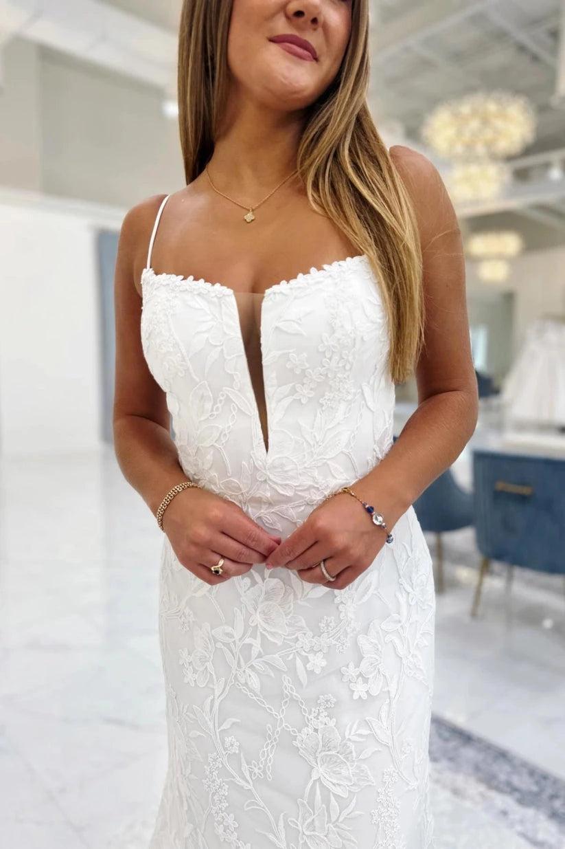 Ivory Lace Mermaid Wedding Dress With Spaghetti Straps Deep V Bodice Open Back