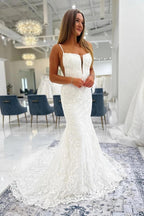 Ivory Lace Mermaid Wedding Dress With Spaghetti Straps Deep V Bodice Open Back