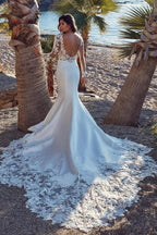 Ivory Mermaid Wedding Dress Deep V Neck Lace Appliques Open Back Cathedral Train