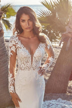 Ivory Mermaid Wedding Dress Deep V Neck Lace Appliques Open Back Cathedral Train