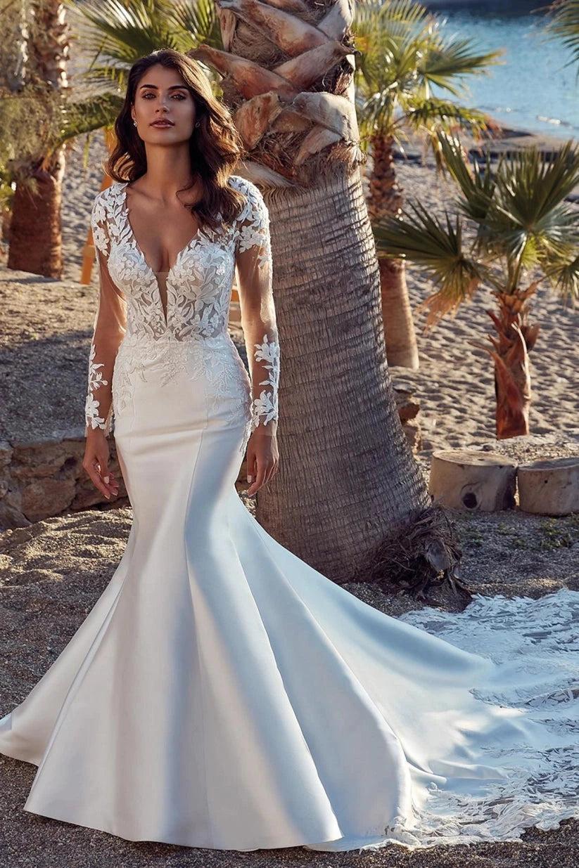 Ivory Mermaid Wedding Dress Deep V Neck Lace Appliques Open Back Cathedral Train