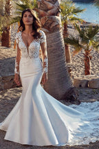 Ivory Mermaid Wedding Dress Deep V Neck Lace Appliques Open Back Cathedral Train