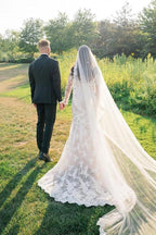 Ivory Mermaid Wedding Dress Off Shoulder Lace Sleeves Floral Applique Gown