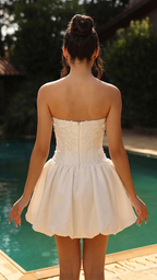 Ivory Satin Mini Wedding Dress Strapless Ruched Bodice Crystal Butterfly