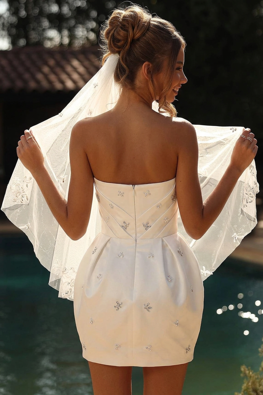 Ivory Satin Mini Wedding Dress Strapless Ruched Bodice Crystal Butterfly