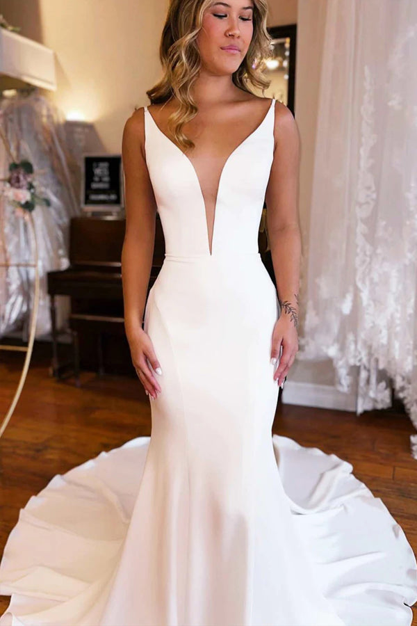 Vestido de novia largo estilo sirena con escote en V y espalda descubierta