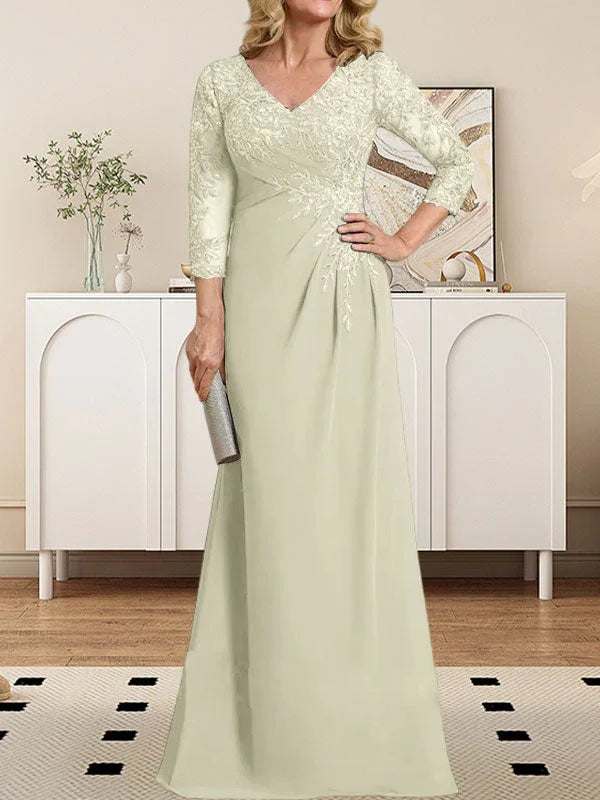 Vestido de madrina de novia con escote en V ilusión, corte columna, largo hasta el suelo, de encaje y gasa con lentejuelas plisadas