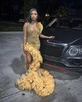 Vestido de fiesta formal de noche con cuentas doradas de lujo para niñas negras, vestido de sirena con cristal y abertura lateral Y6624
