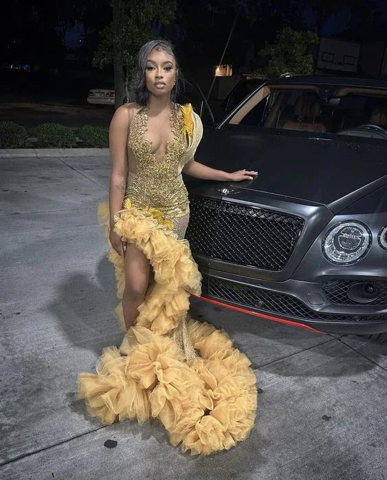 Vestido de fiesta formal de noche con cuentas doradas de lujo para niñas negras, vestido de sirena con cristal y abertura lateral Y6624