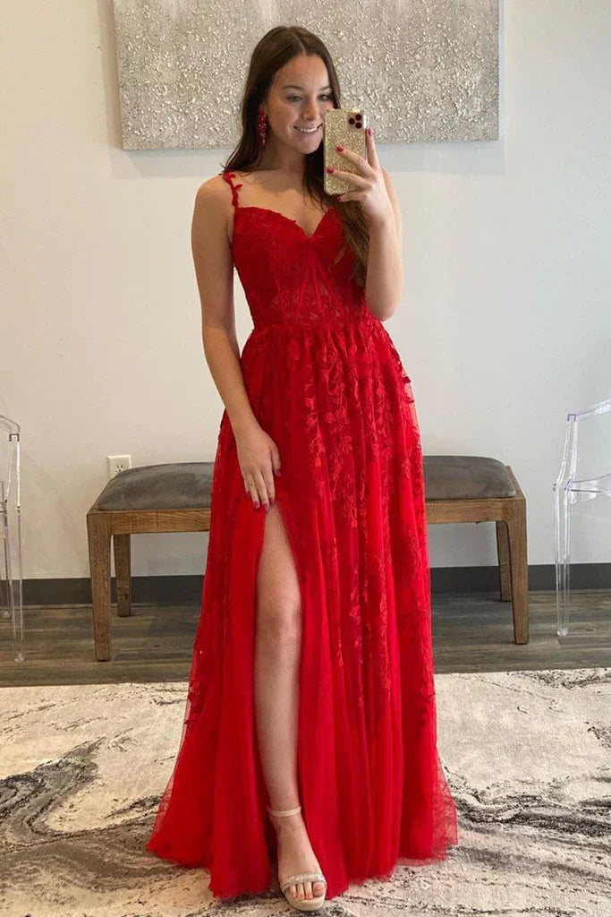 Robe de bal longue en dentelle rouge avec tulle et col en V, robe de cérémonie en dentelle rouge, robe de soirée rouge Y217