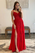 Robe de bal longue en dentelle rouge avec tulle et col en V, robe de cérémonie en dentelle rouge, robe de soirée rouge Y217