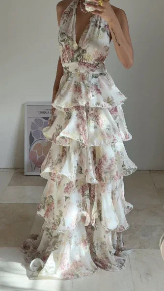 Vestido de Baile Deslumbrante em Chiffon com Estampa Floral, Corte em A, Costas Descobertas, Decote em V, Alças ao Pescoço, Vestido de Noite em Camadas Y8501