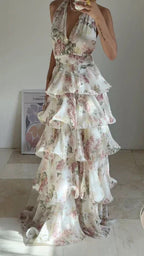 Vestido de Baile Deslumbrante em Chiffon com Estampa Floral, Corte em A, Costas Descobertas, Decote em V, Alças ao Pescoço, Vestido de Noite em Camadas Y8501