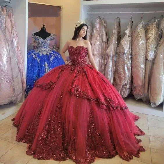 Vestidos Vermelhos Novos para Quinceanera com Lantejoulas, Bordados e Apliques, Decote Coração, Vestidos Formais para Festa, Princesa, Vestidos de Baile Y4257