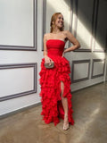 Vestido largo de fiesta rojo sin tirantes con volantes, vestido de noche rojo Y2367