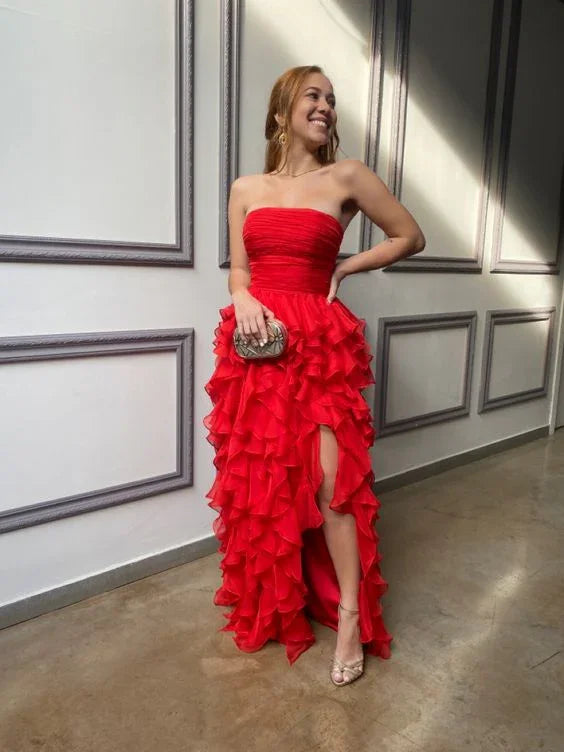 Vestido largo de fiesta rojo sin tirantes con volantes, vestido de noche rojo Y2367