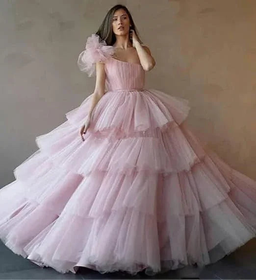 Vestido de baile cor-de-rosa em tule com saia em camadas em linha A, Vestido cor-de-rosa para 16 anos Y6957