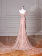 Classy Pink Halter Sequin Beaded Tulle Mermaid Evening Dress Long Prom Dress Y8620