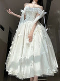 Vestido de fiesta elegante blanco con tirantes finos de tul, encaje y apliques de mariposa Y8394