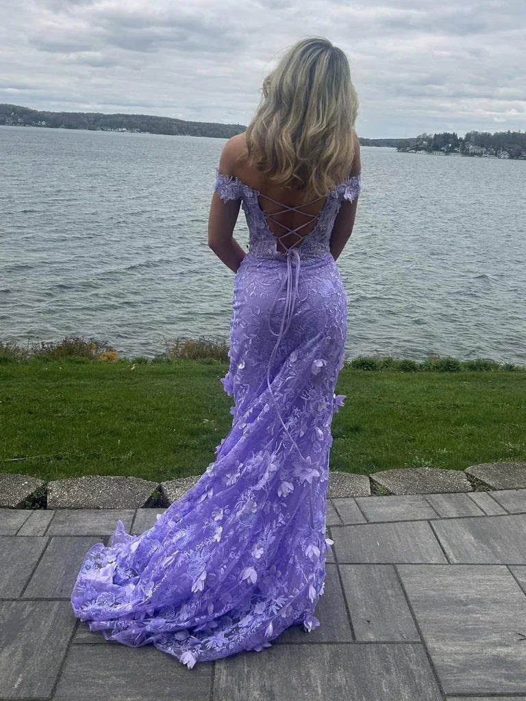 فساتين سهرة طويلة بتصميم حورية البحر وياقة مكشوفة باللون الليلكي مع دانتيل وزهور، فساتين تخرج بفتحة عالية Y7848