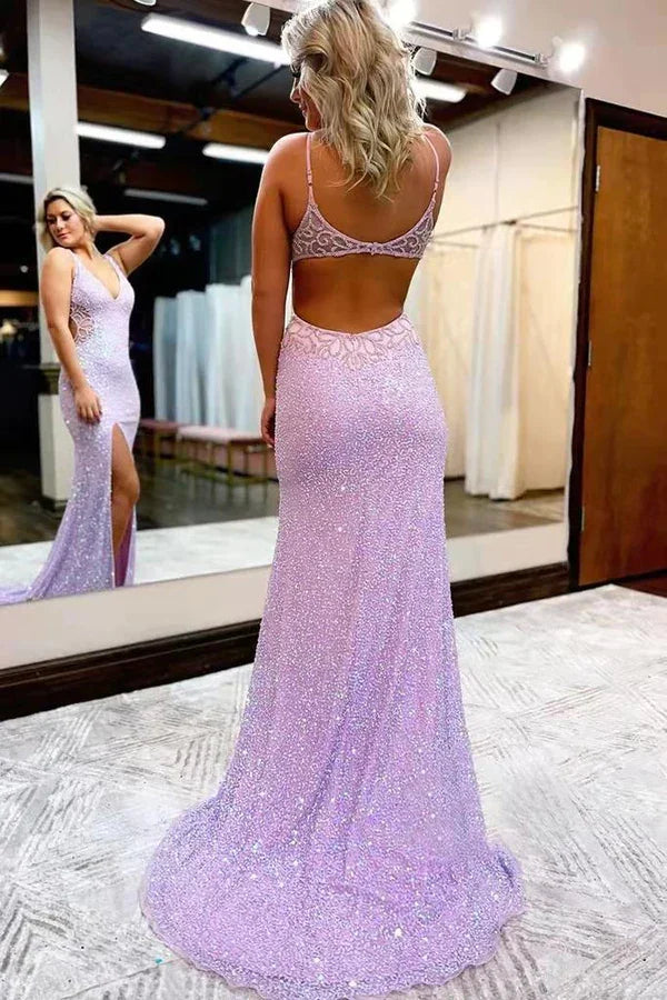 Neuer Stil V-Ausschnitt Ärmelloses Langes Ballkleid Glitzerndes Pailletten-Abendkleid mit Schlitz Y1004